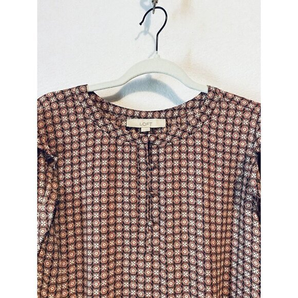 LOFT Top Womens Large Medallion Print Ruffle Sleeve Detail Red Peasant Boho - Picture 2 of 7